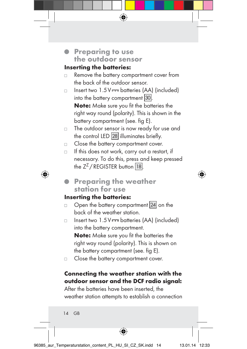 Preparing to use the outdoor sensor, Preparing the weather station for use | Auriol Z31743A_B User Manual | Page 14 / 159