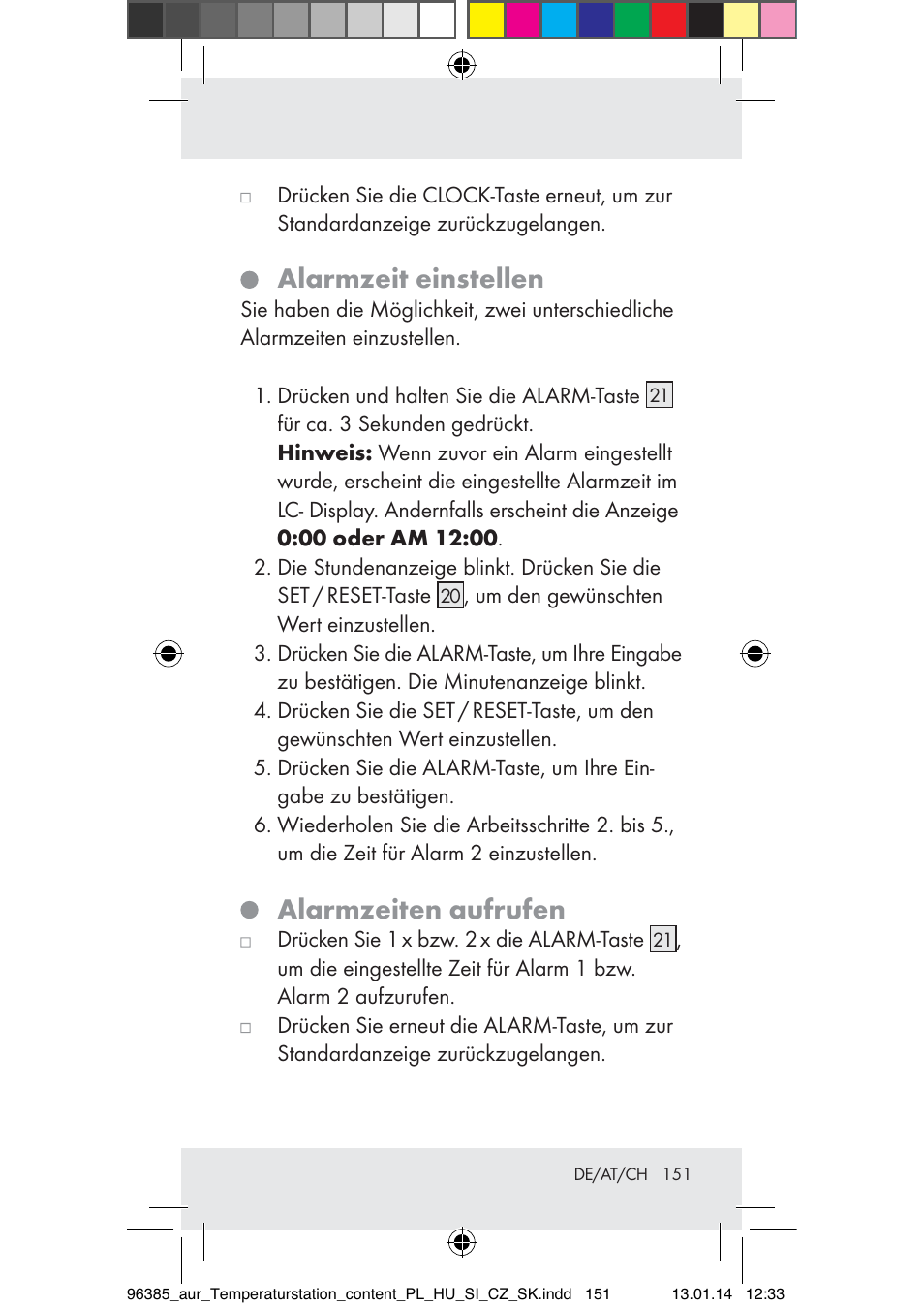 Alarmzeit einstellen, Alarmzeiten aufrufen | Auriol Z31743A_B User Manual | Page 151 / 159