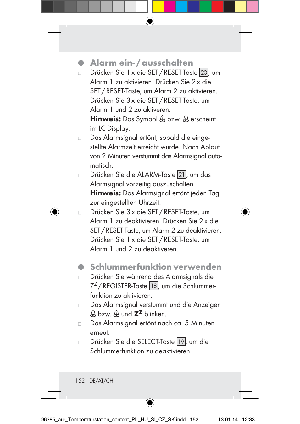 Alarm ein- / ausschalten, Schlummerfunktion verwenden | Auriol Z31743A_B User Manual | Page 152 / 159