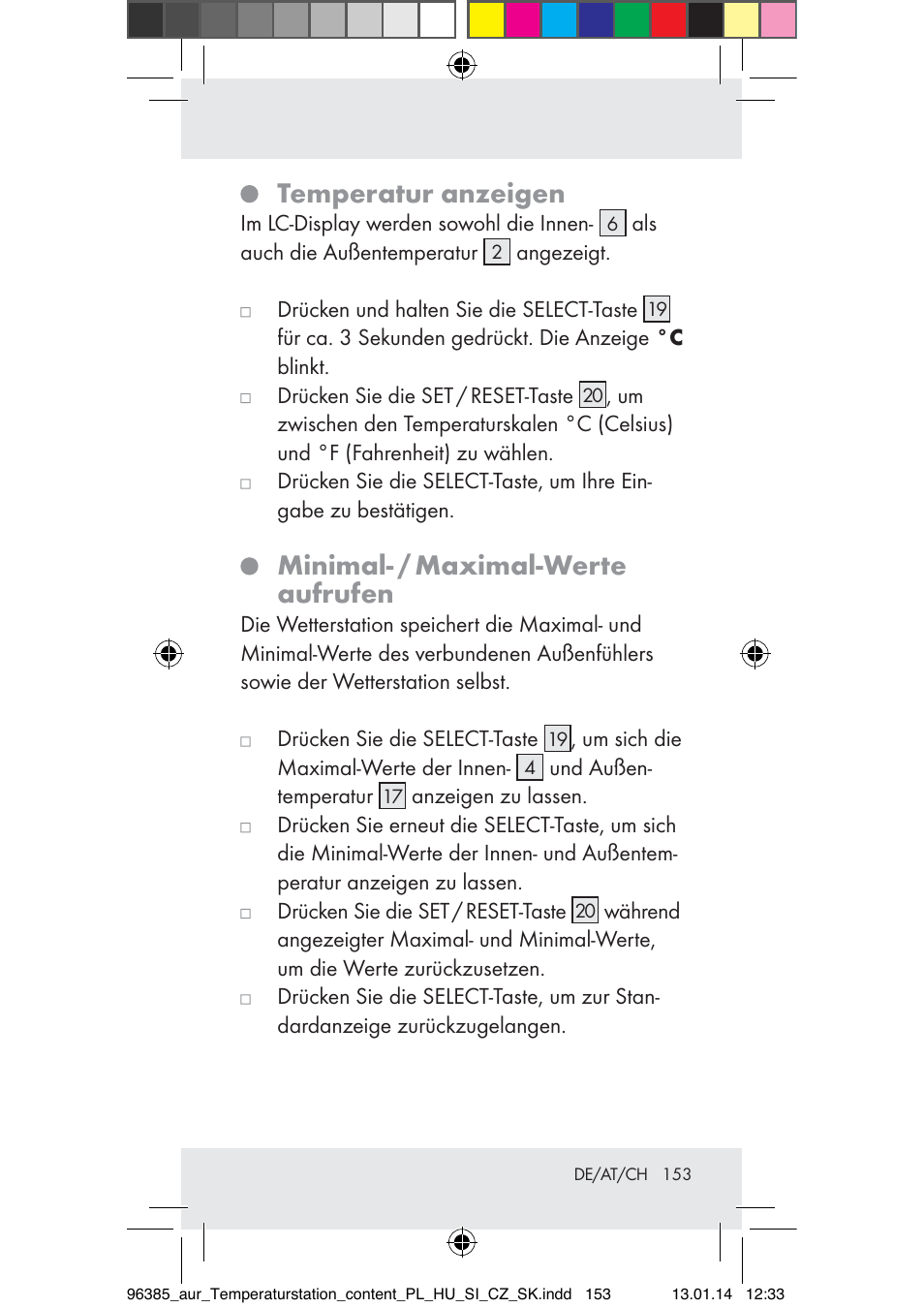 Temperatur anzeigen, Minimal- / maximal-werte aufrufen | Auriol Z31743A_B User Manual | Page 153 / 159
