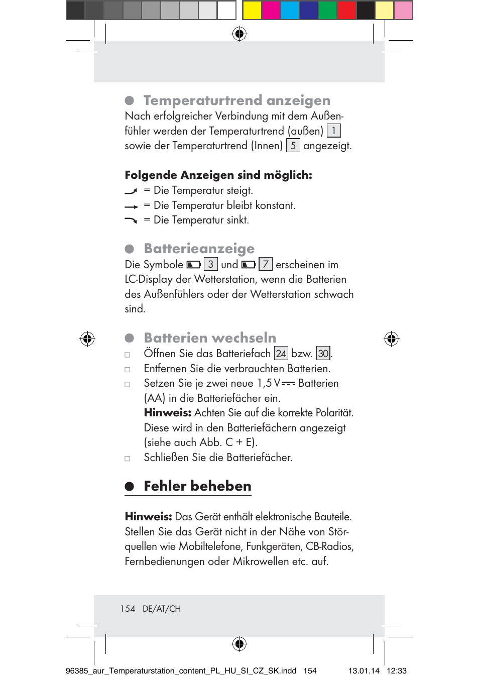 Temperaturtrend anzeigen, Batterieanzeige, Batterien wechseln | Fehler beheben | Auriol Z31743A_B User Manual | Page 154 / 159