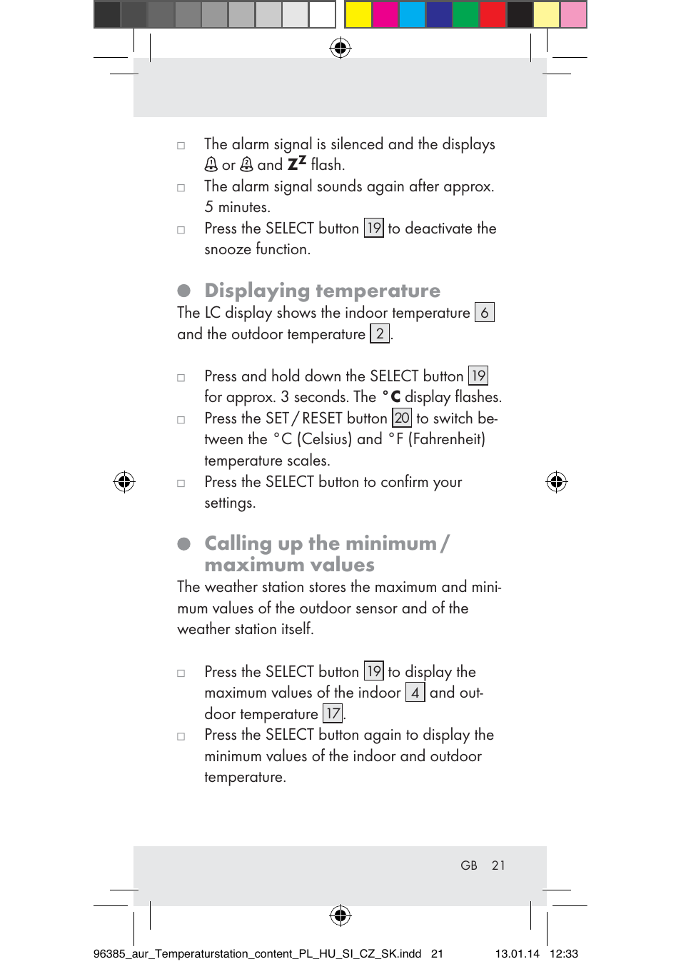 Displaying temperature, Calling up the minimum / maximum values | Auriol Z31743A_B User Manual | Page 21 / 159