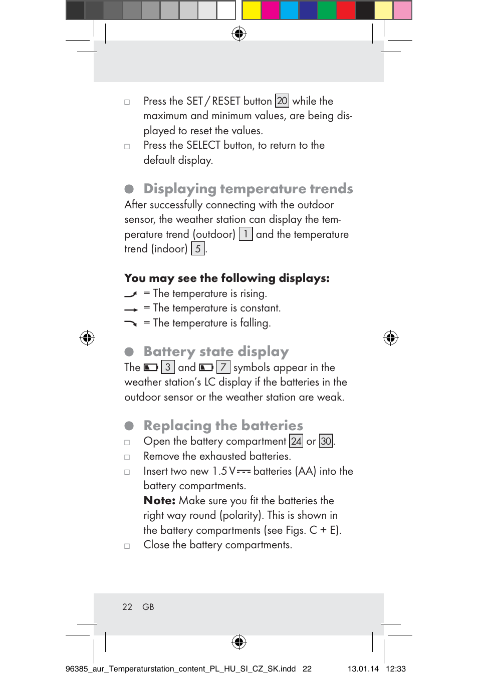 Displaying temperature trends, Battery state display, Replacing the batteries | Auriol Z31743A_B User Manual | Page 22 / 159