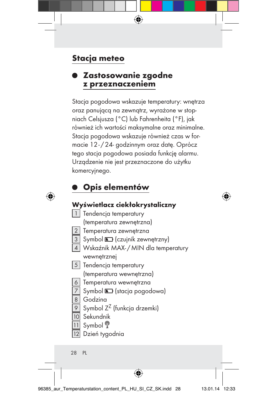 Stacja meteo zastosowanie zgodne z przeznaczeniem, Opis elementów | Auriol Z31743A_B User Manual | Page 28 / 159