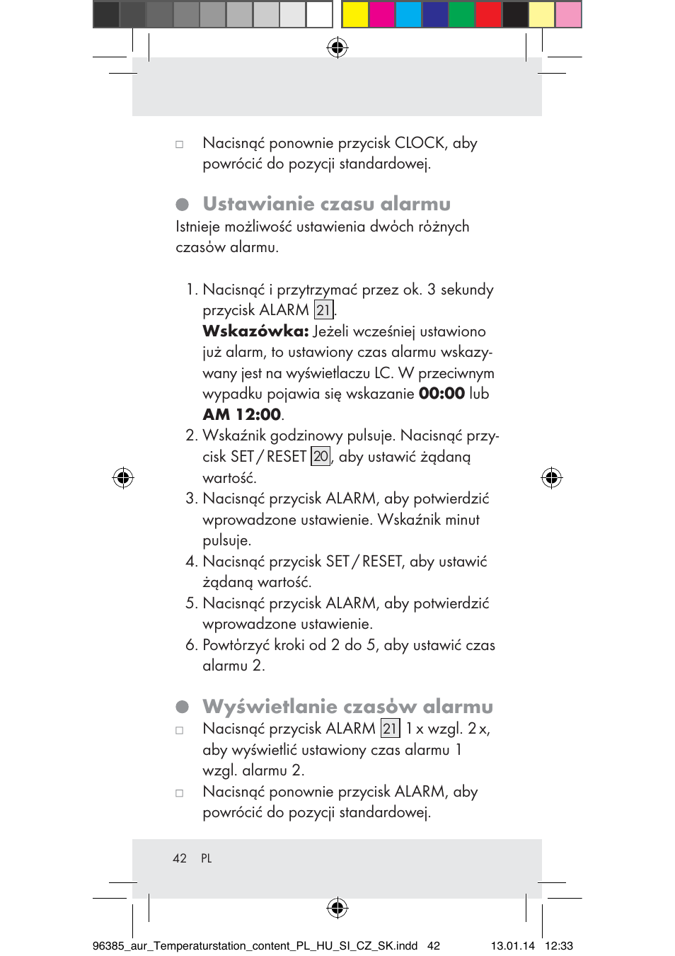 Ustawianie czasu alarmu, Wyświetlanie czasόw alarmu | Auriol Z31743A_B User Manual | Page 42 / 159