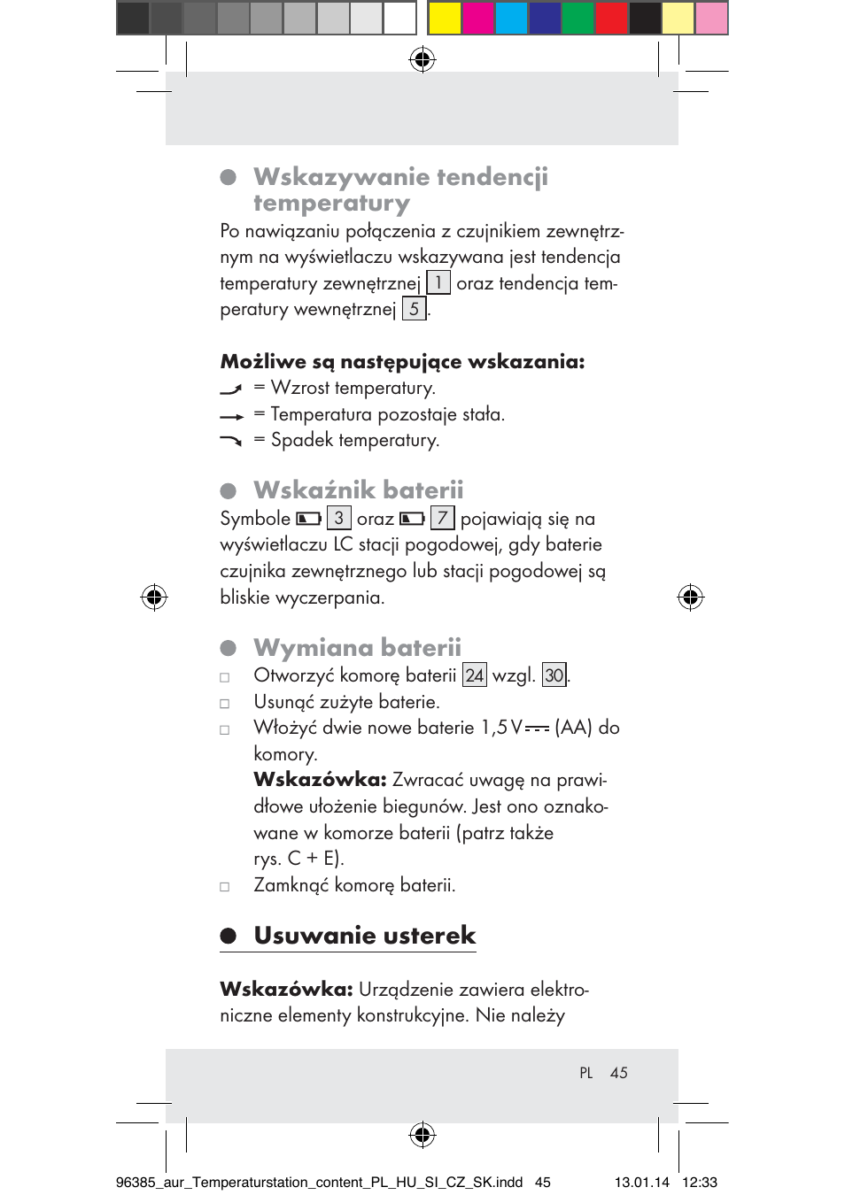 Wskazywanie tendencji temperatury, Wskaźnik baterii, Wymiana baterii | Usuwanie usterek | Auriol Z31743A_B User Manual | Page 45 / 159