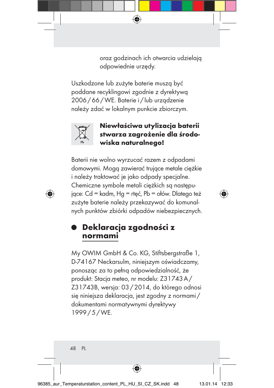 Deklaracja zgodności z normami | Auriol Z31743A_B User Manual | Page 48 / 159