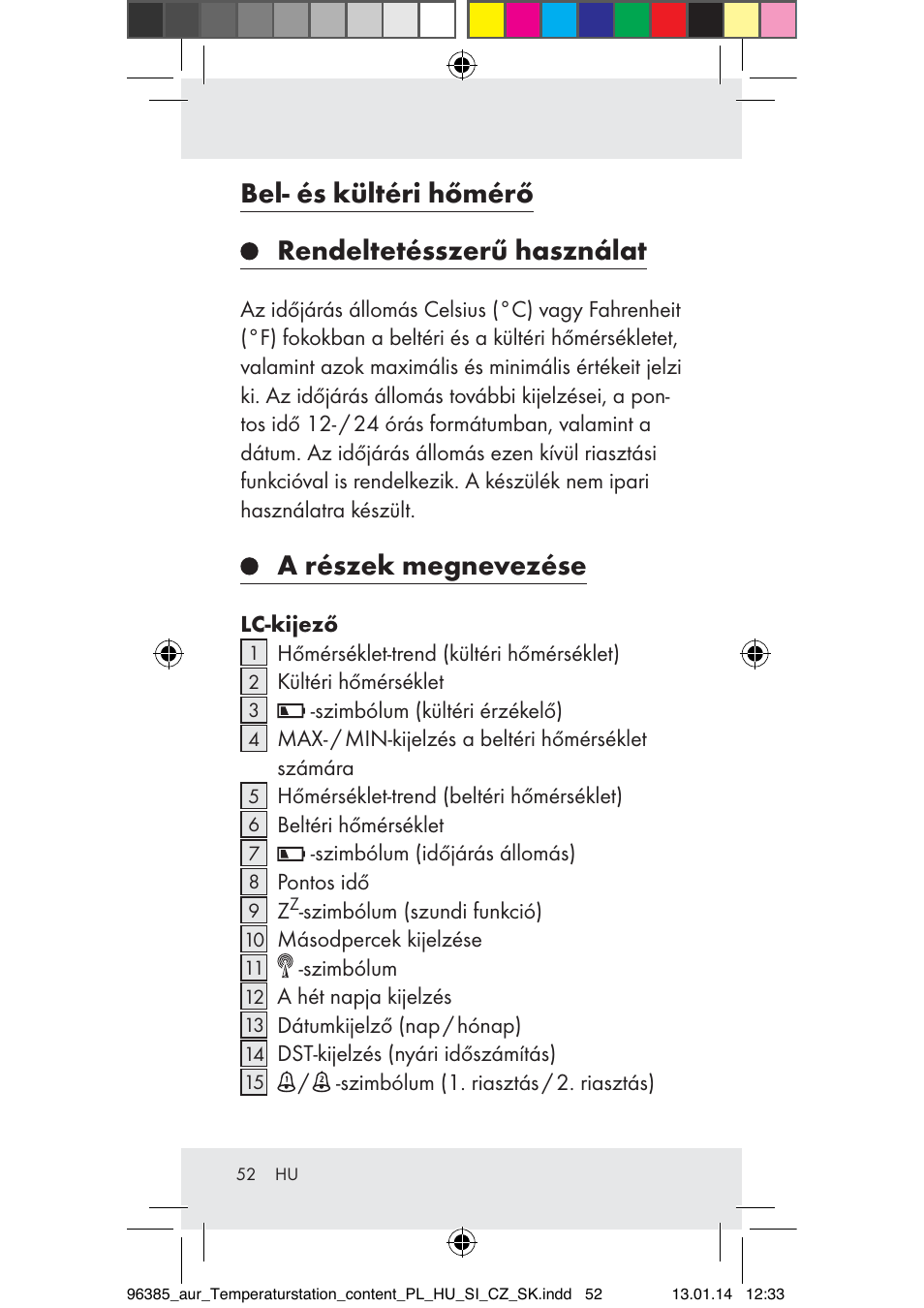Bel- és kültéri hőmérő rendeltetésszerű használat, A részek megnevezése | Auriol Z31743A_B User Manual | Page 52 / 159