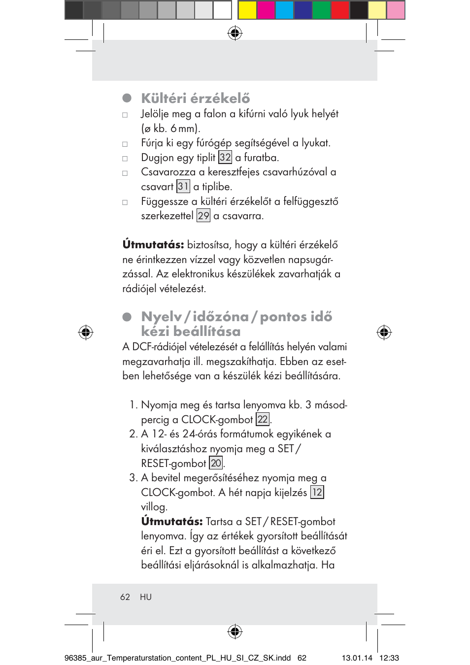 Kültéri érzékelő, Nyelv / időzóna / pontos idő kézi beállítása | Auriol Z31743A_B User Manual | Page 62 / 159