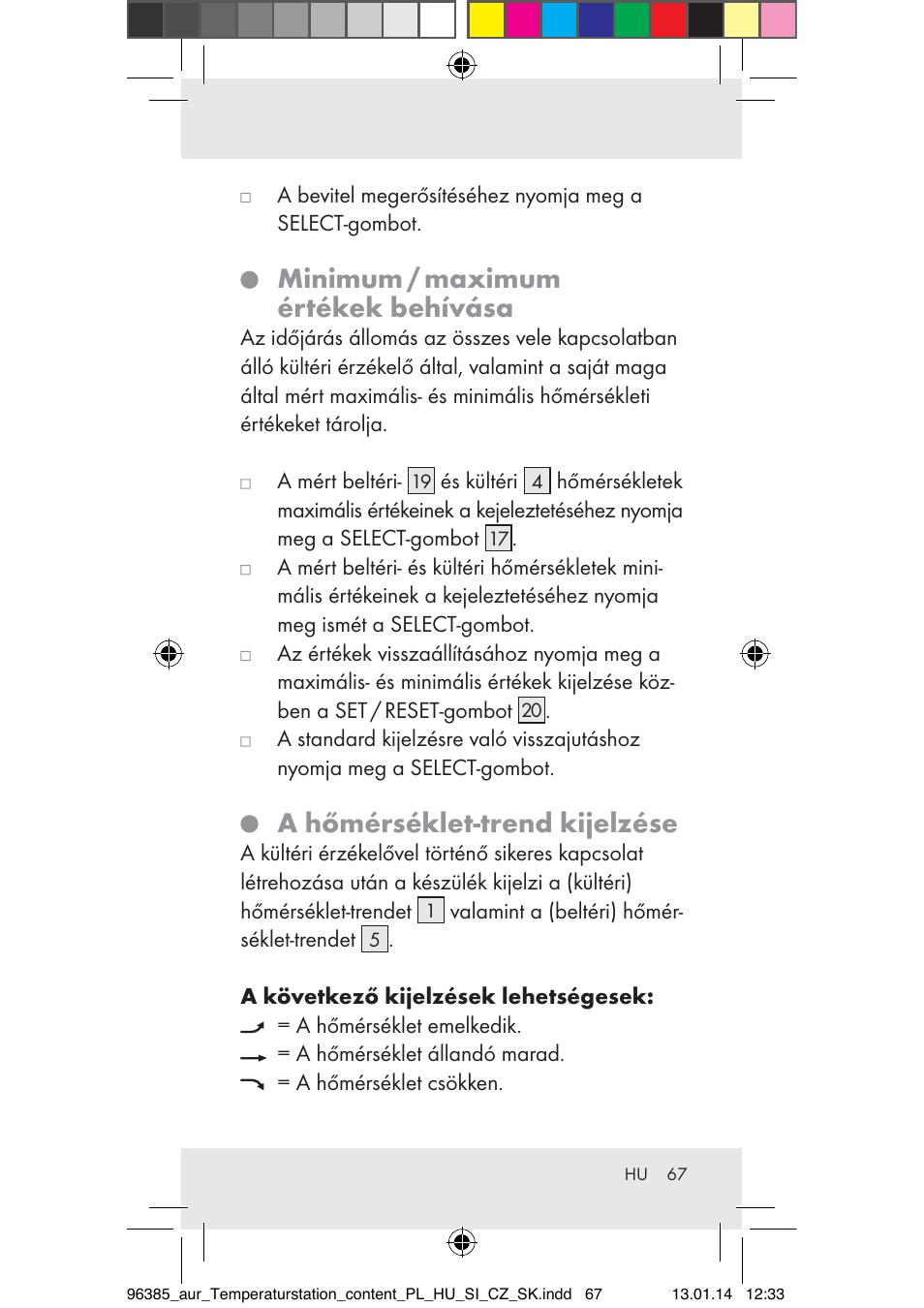 Minimum / maximum értékek behívása, A hőmérséklet-trend kijelzése | Auriol Z31743A_B User Manual | Page 67 / 159