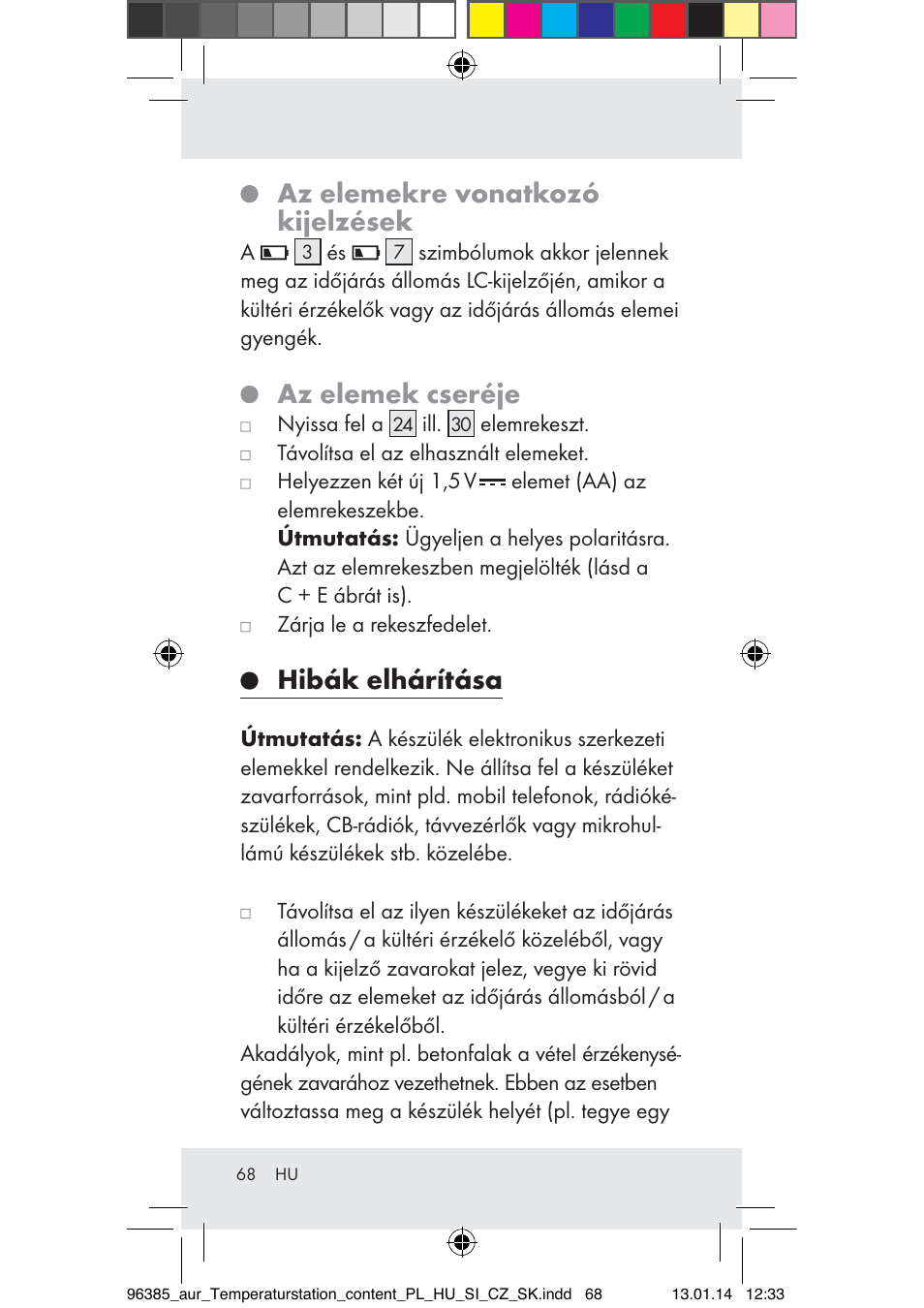 Az elemekre vonatkozó kijelzések, Az elemek cseréje, Hibák elhárítása | Auriol Z31743A_B User Manual | Page 68 / 159
