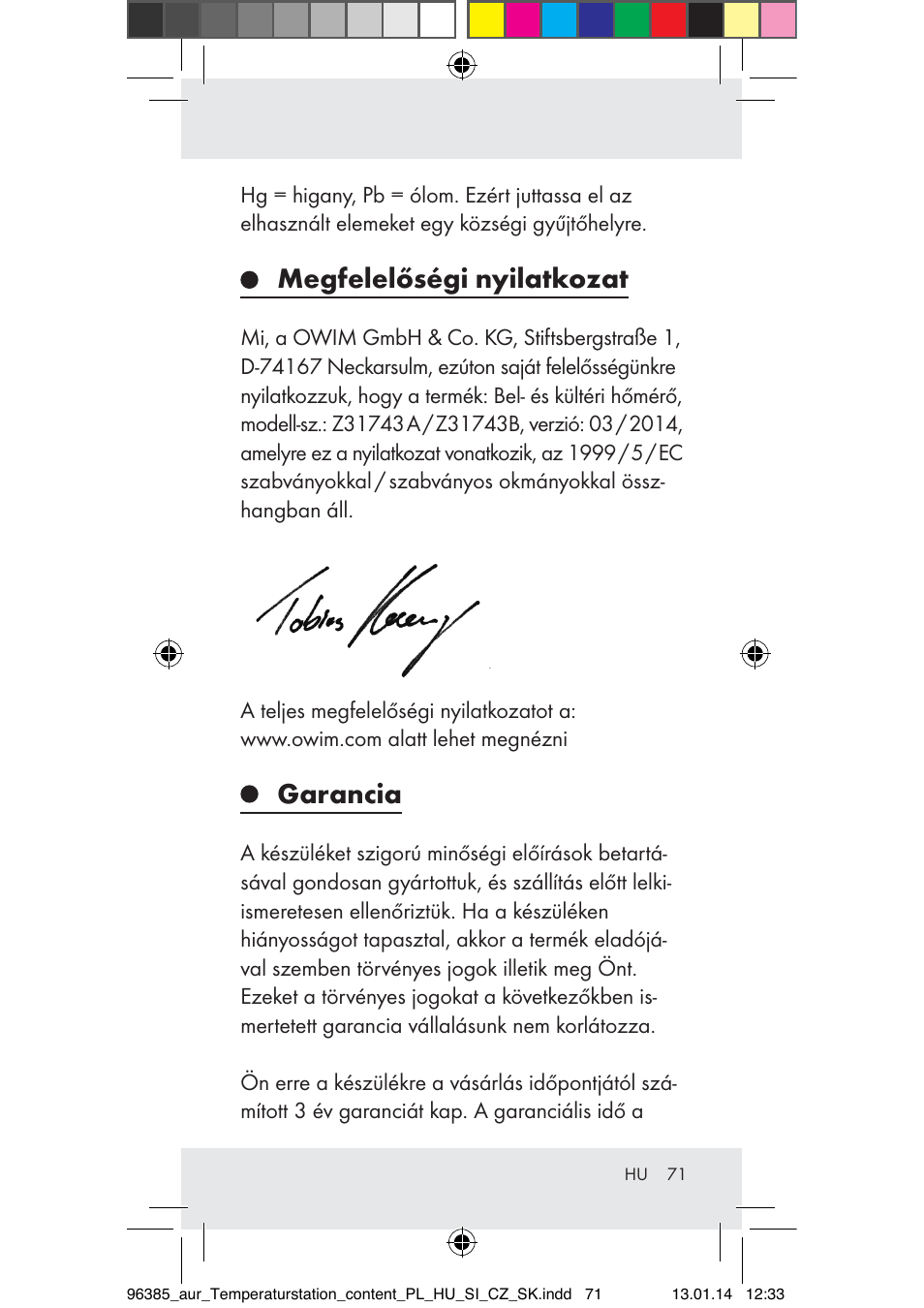 Megfelelőségi nyilatkozat, Garancia | Auriol Z31743A_B User Manual | Page 71 / 159