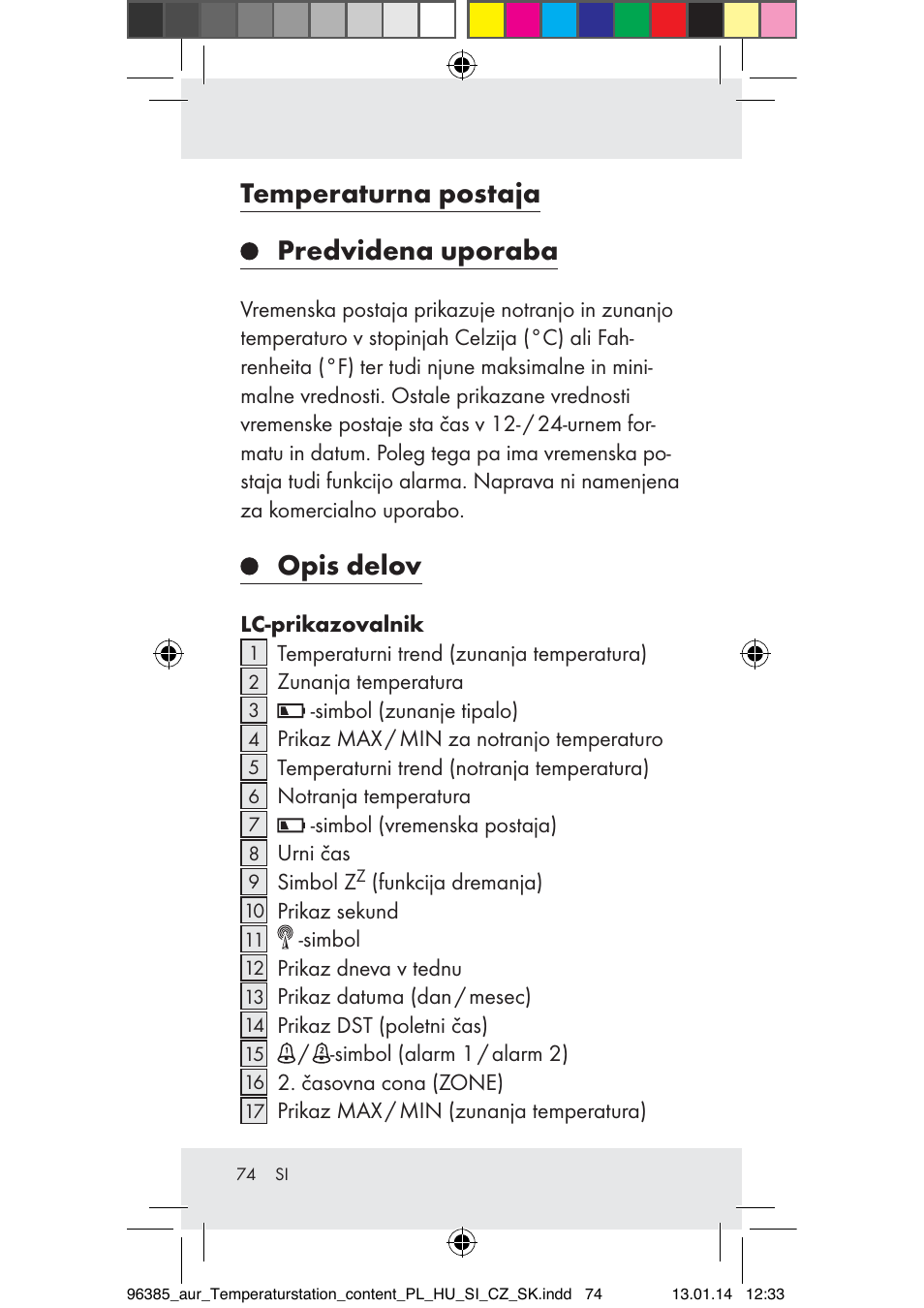Temperaturna postaja predvidena uporaba, Opis delov | Auriol Z31743A_B User Manual | Page 74 / 159