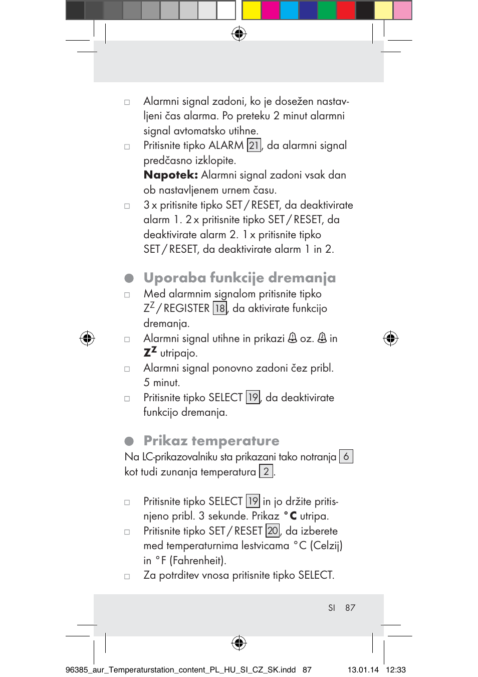 Uporaba funkcije dremanja, Prikaz temperature | Auriol Z31743A_B User Manual | Page 87 / 159