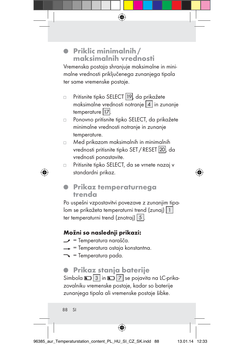 Priklic minimalnih / maksimalnih vrednosti, Prikaz temperaturnega trenda, Prikaz stanja baterije | Auriol Z31743A_B User Manual | Page 88 / 159