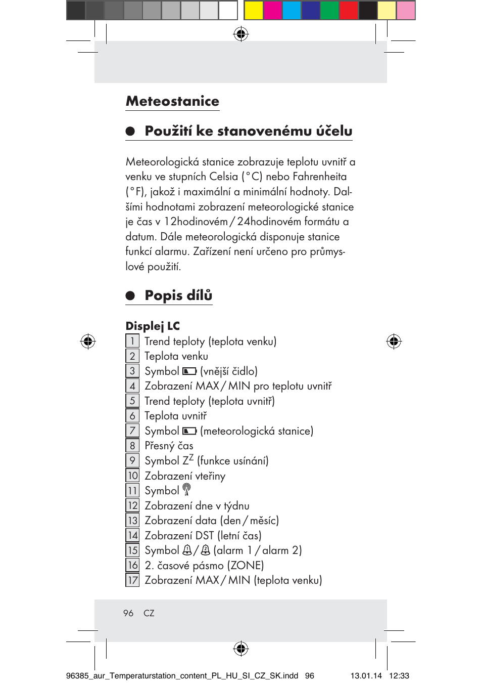 Meteostanice použití ke stanovenému účelu, Popis dílů | Auriol Z31743A_B User Manual | Page 96 / 159