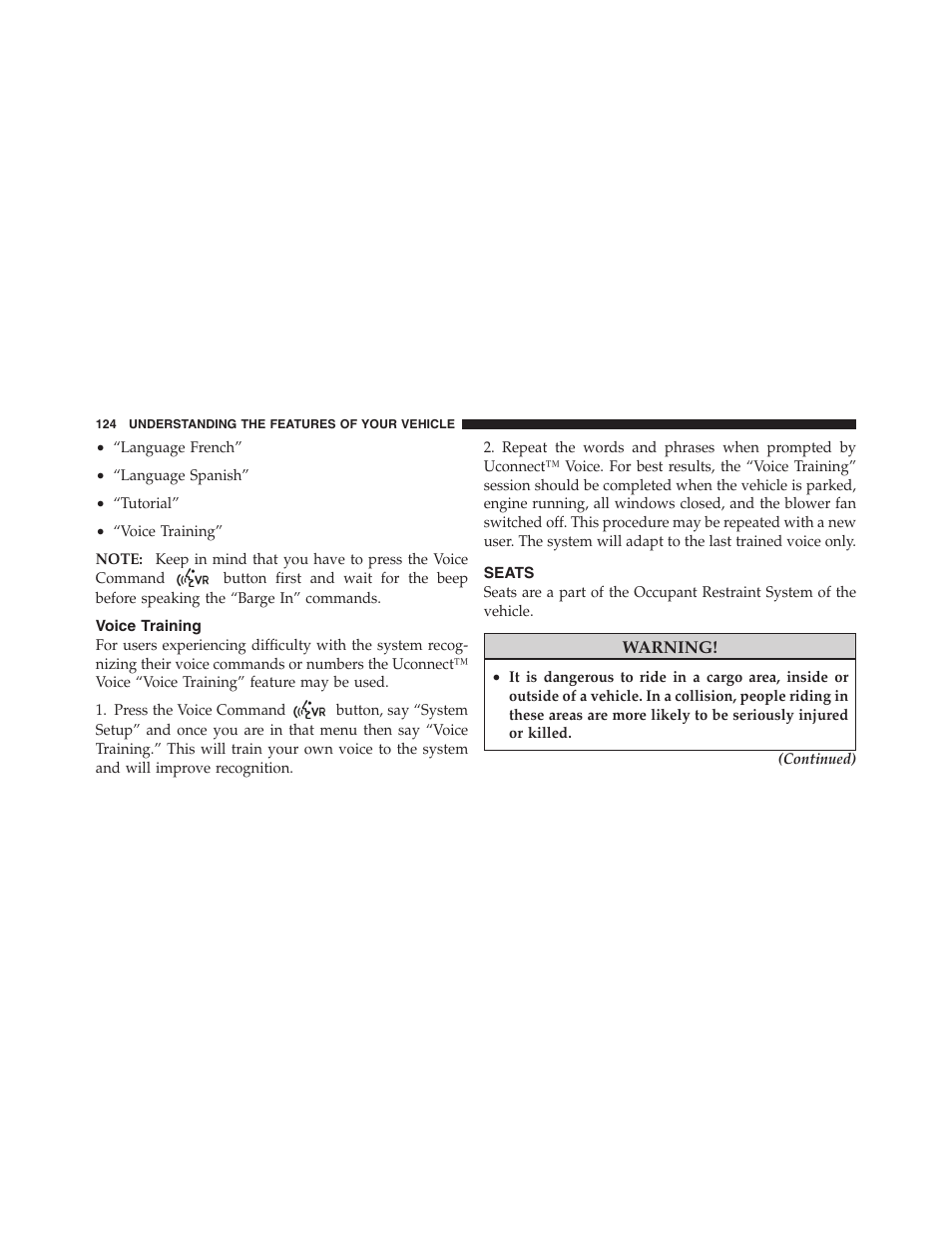 Voice training, Seats | Dodge 2011 Dakota User Manual | Page 125 / 454