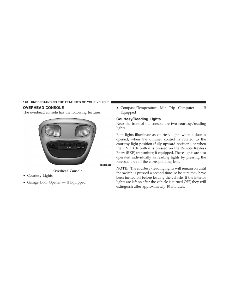 Overhead console, Courtesy/reading lights | Dodge 2011 Dakota User Manual | Page 149 / 454