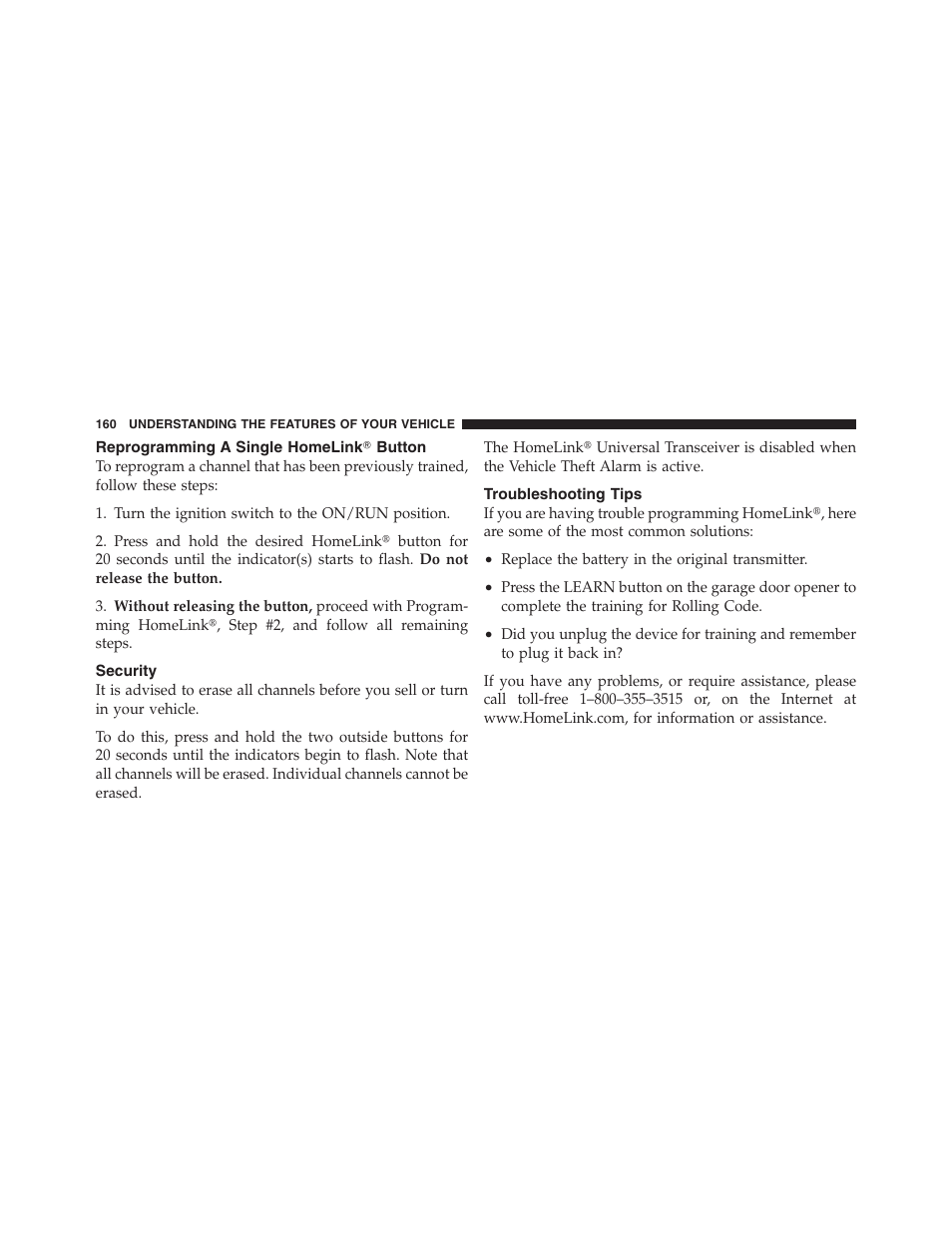 Reprogramming a single homelinkĥ button, Security, Troubleshooting tips | Dodge 2011 Dakota User Manual | Page 161 / 454