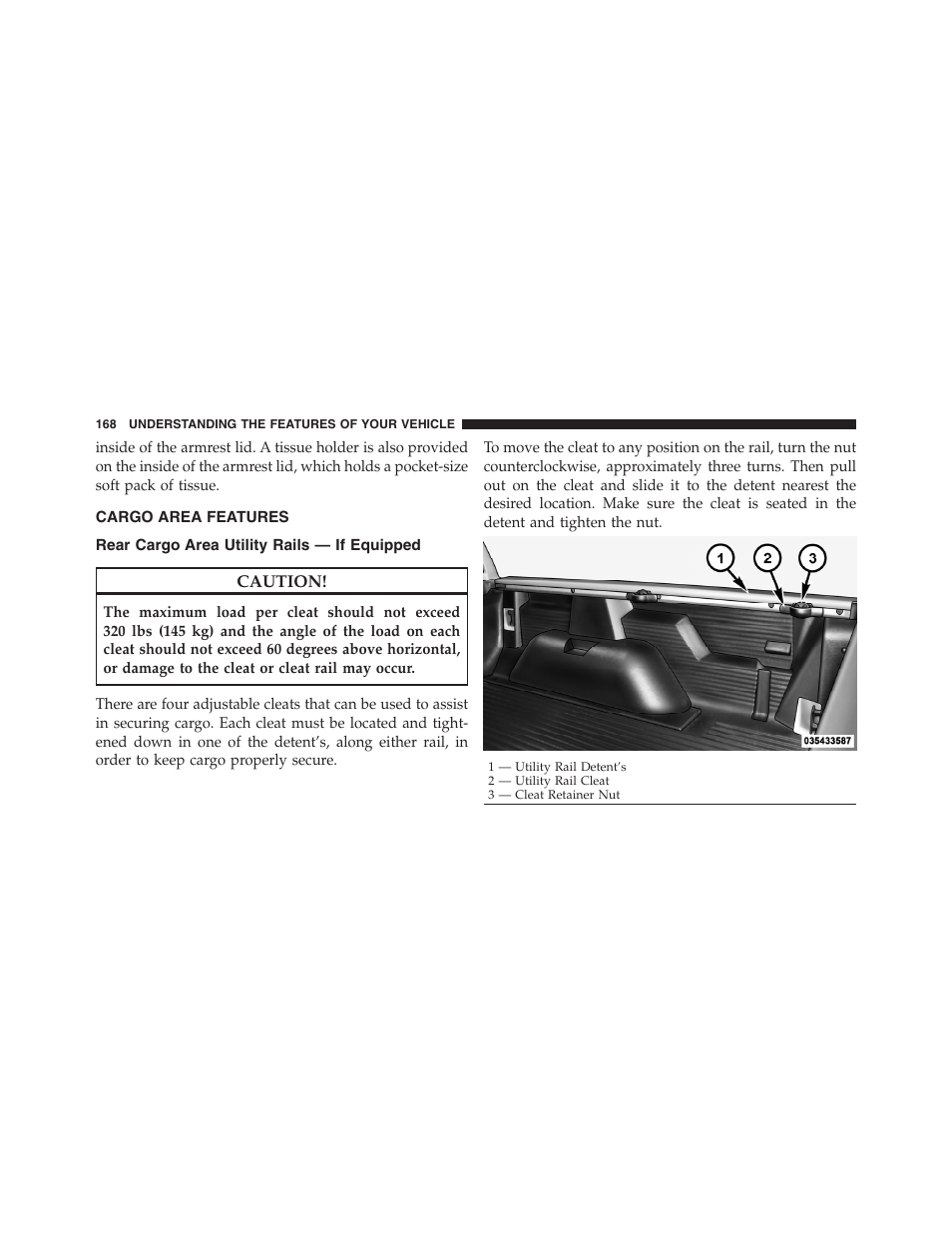 Cargo area features, Rear cargo area utility rails — if equipped | Dodge 2011 Dakota User Manual | Page 169 / 454