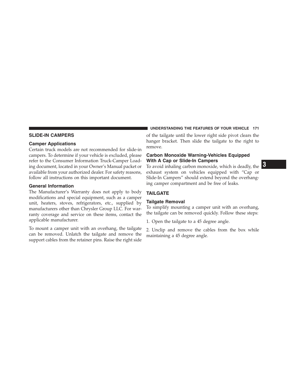 Slide-in campers, Camper applications, General information | Tailgate, Tailgate removal | Dodge 2011 Dakota User Manual | Page 172 / 454