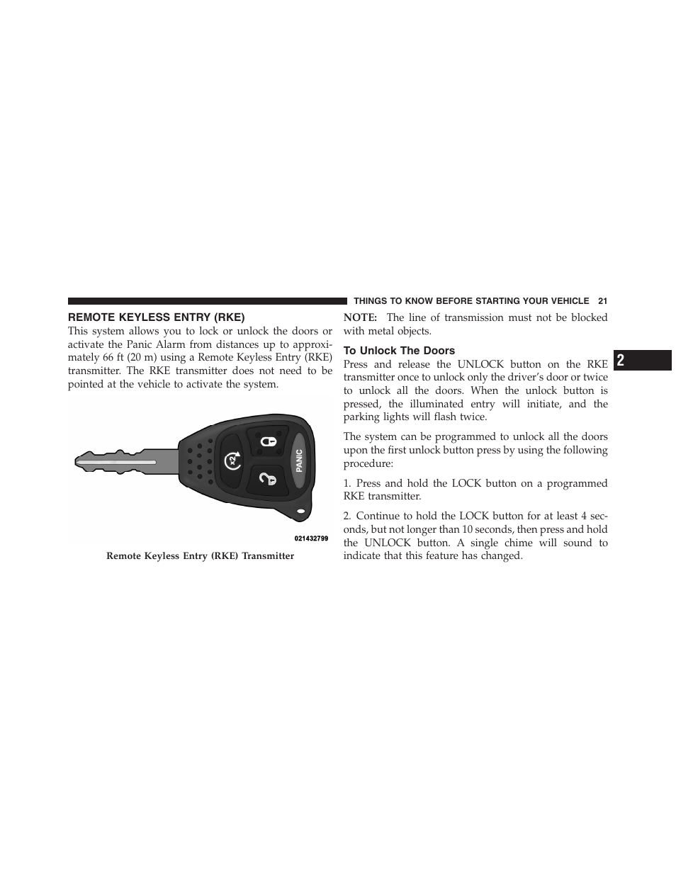 Remote keyless entry (rke), To unlock the doors | Dodge 2011 Dakota User Manual | Page 22 / 454