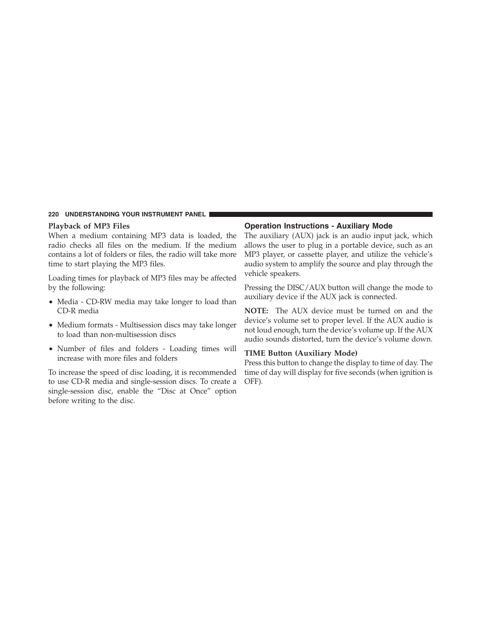 Operation instructions - auxiliary mode | Dodge 2011 Dakota User Manual | Page 221 / 454