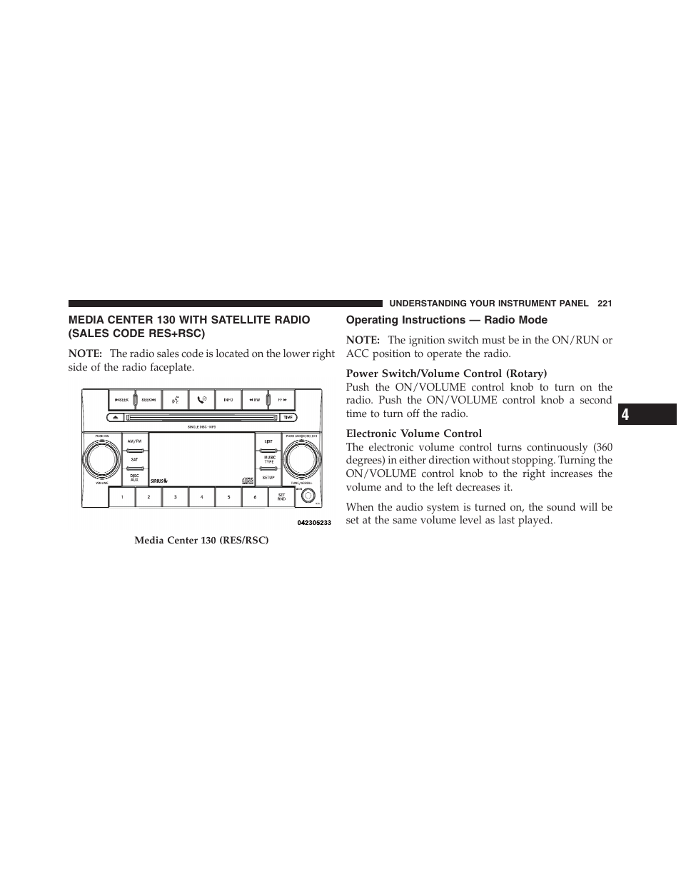 Operating instructions — radio mode | Dodge 2011 Dakota User Manual | Page 222 / 454