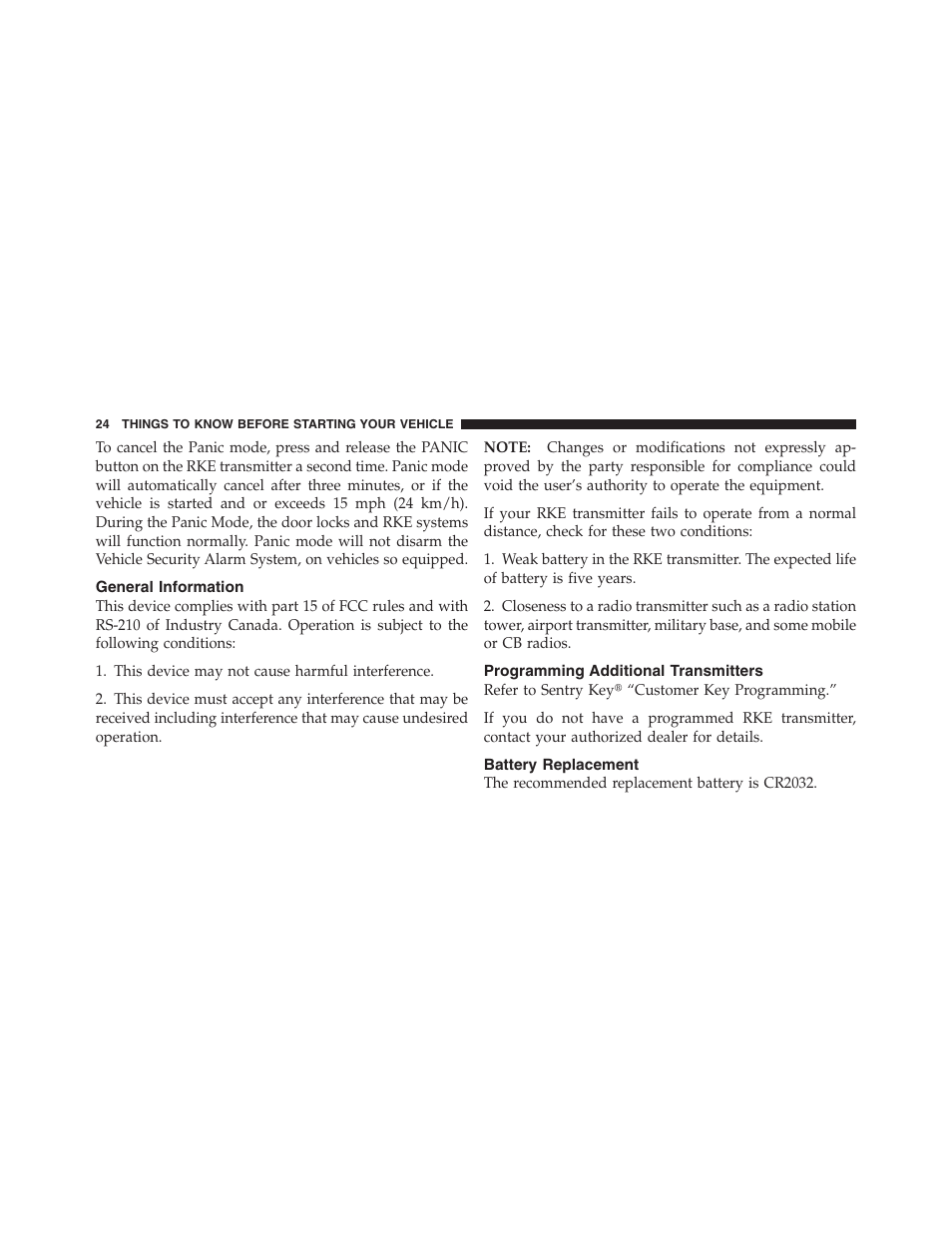 General information, Programming additional transmitters, Battery replacement | Dodge 2011 Dakota User Manual | Page 25 / 454