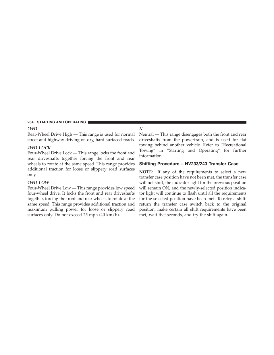 Shifting procedure – nv233/243 transfer case | Dodge 2011 Dakota User Manual | Page 265 / 454