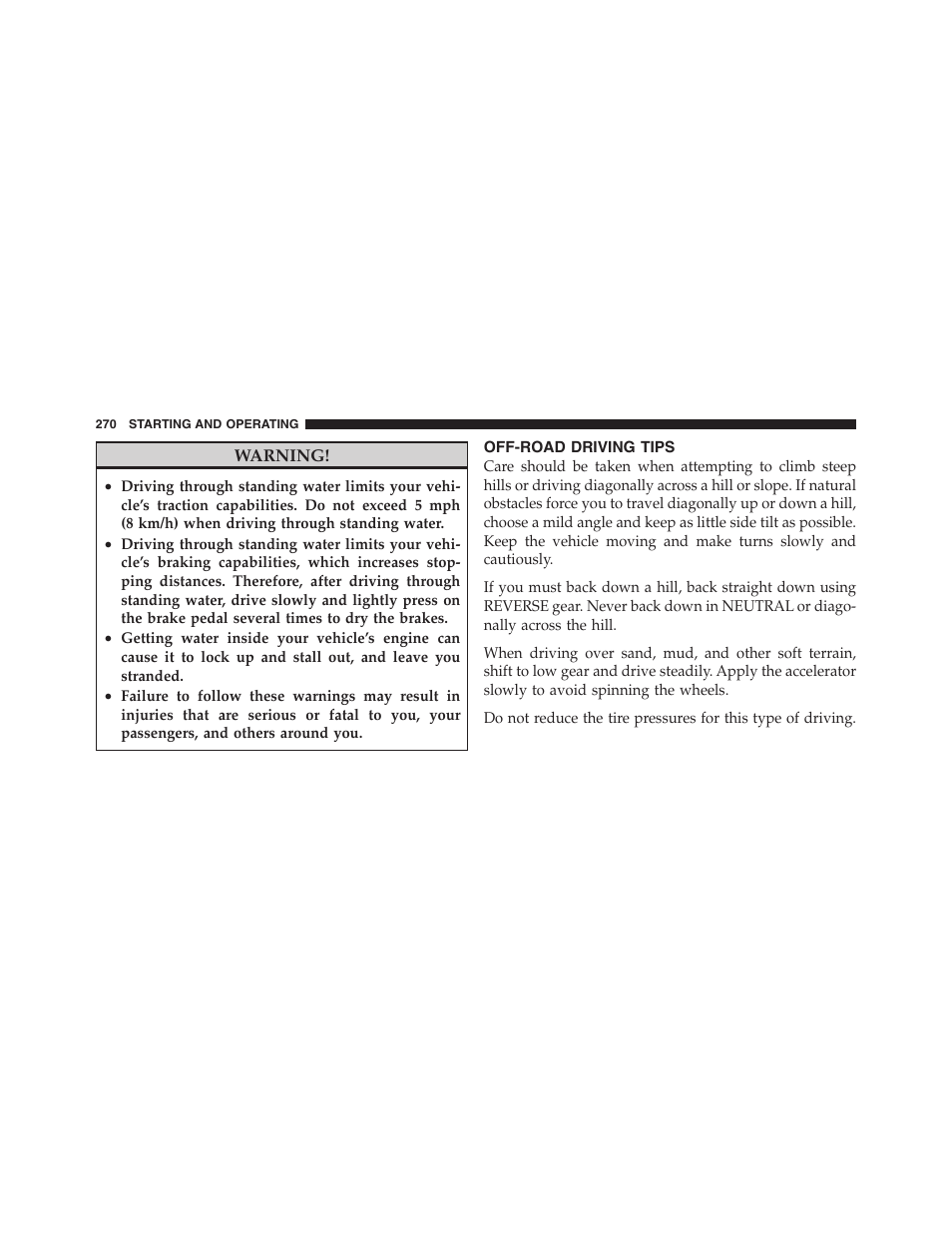 Off-road driving tips | Dodge 2011 Dakota User Manual | Page 271 / 454