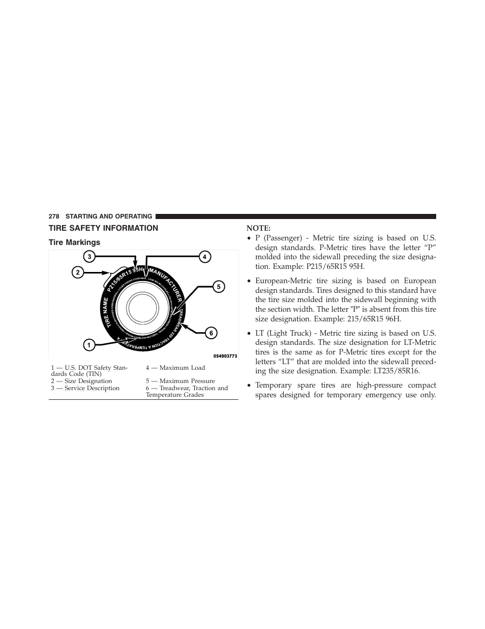 Tire safety information, Tire markings | Dodge 2011 Dakota User Manual | Page 279 / 454