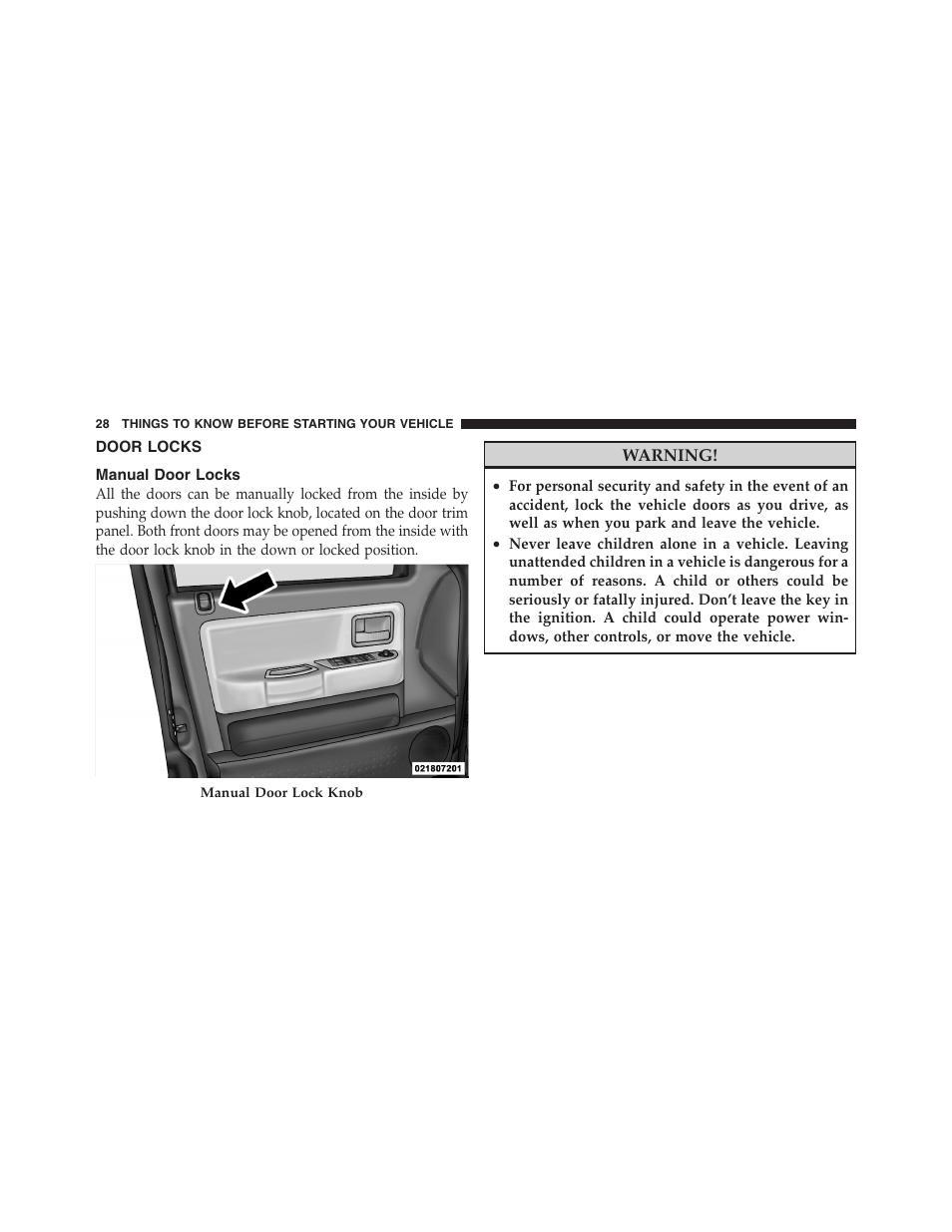 Door locks, Manual door locks | Dodge 2011 Dakota User Manual | Page 29 / 454