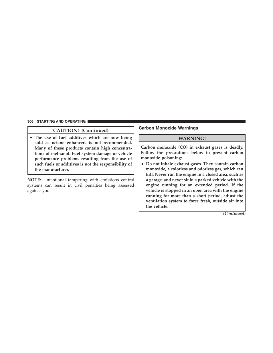 Carbon monoxide warnings | Dodge 2011 Dakota User Manual | Page 307 / 454