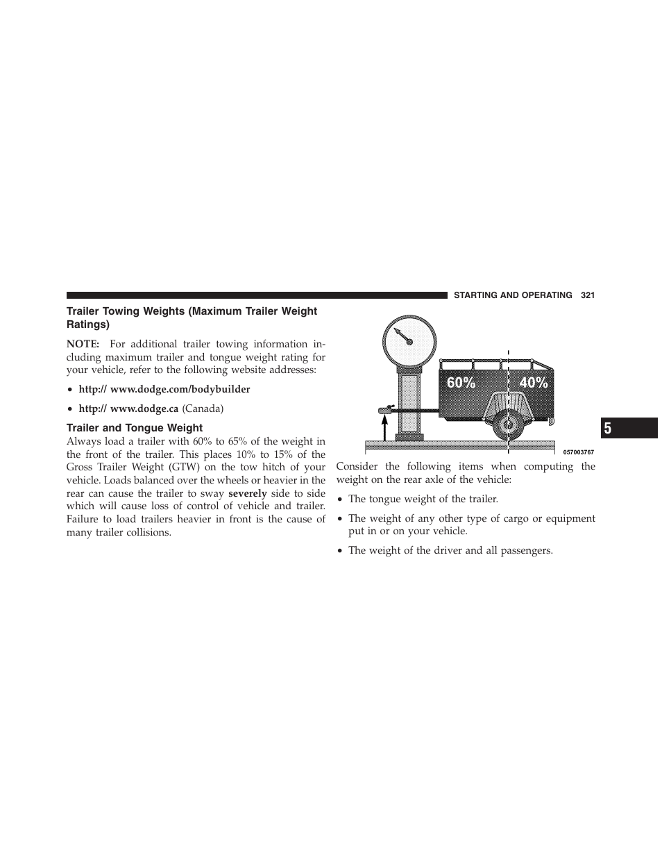 Trailer and tongue weight | Dodge 2011 Dakota User Manual | Page 322 / 454
