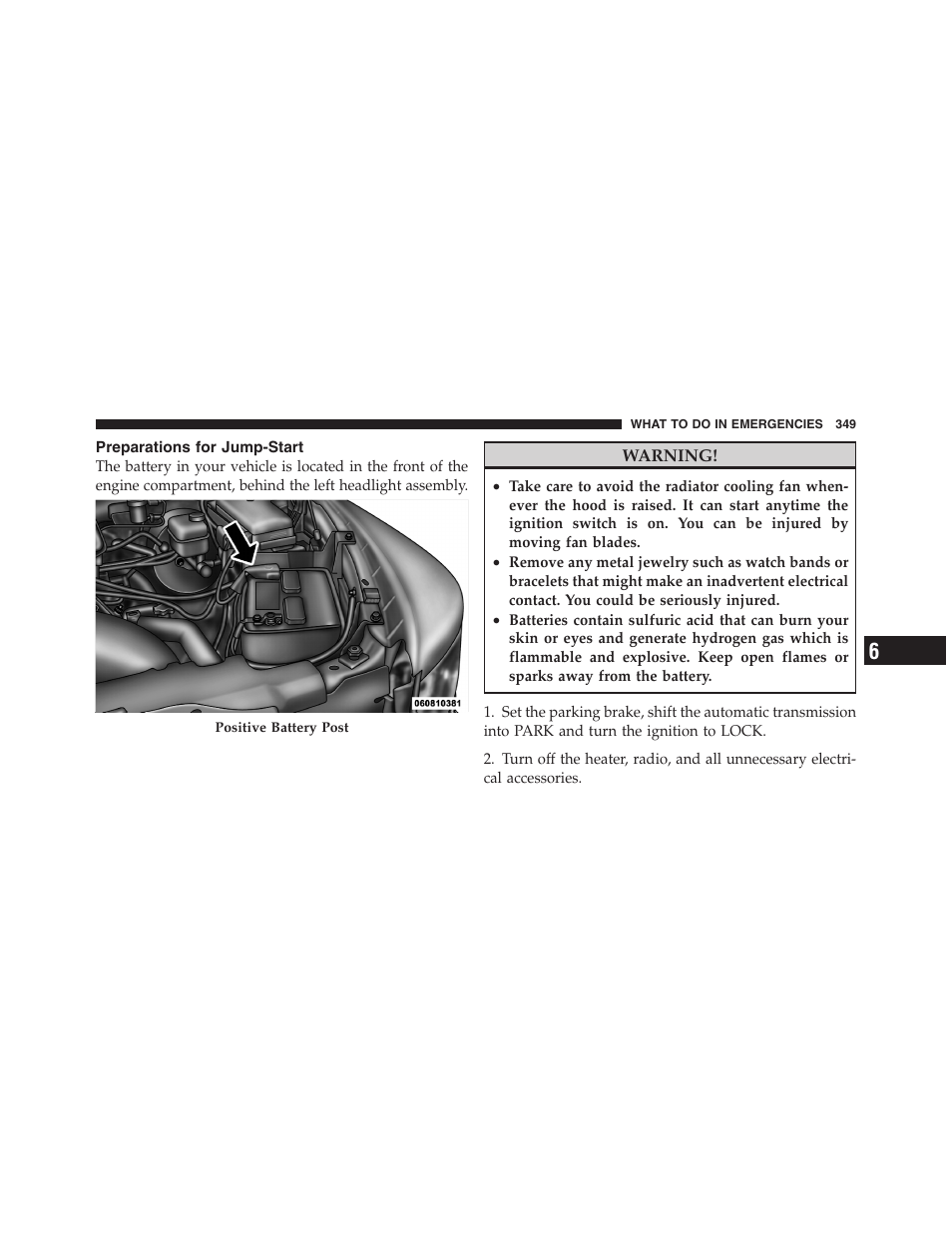 Preparations for jump-start | Dodge 2011 Dakota User Manual | Page 350 / 454