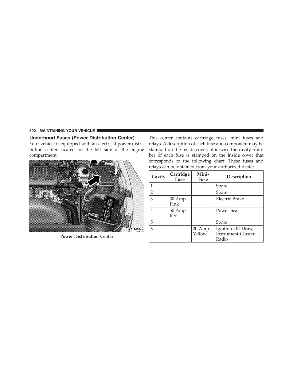 Underhood fuses (power distribution center) | Dodge 2011 Dakota User Manual | Page 393 / 454