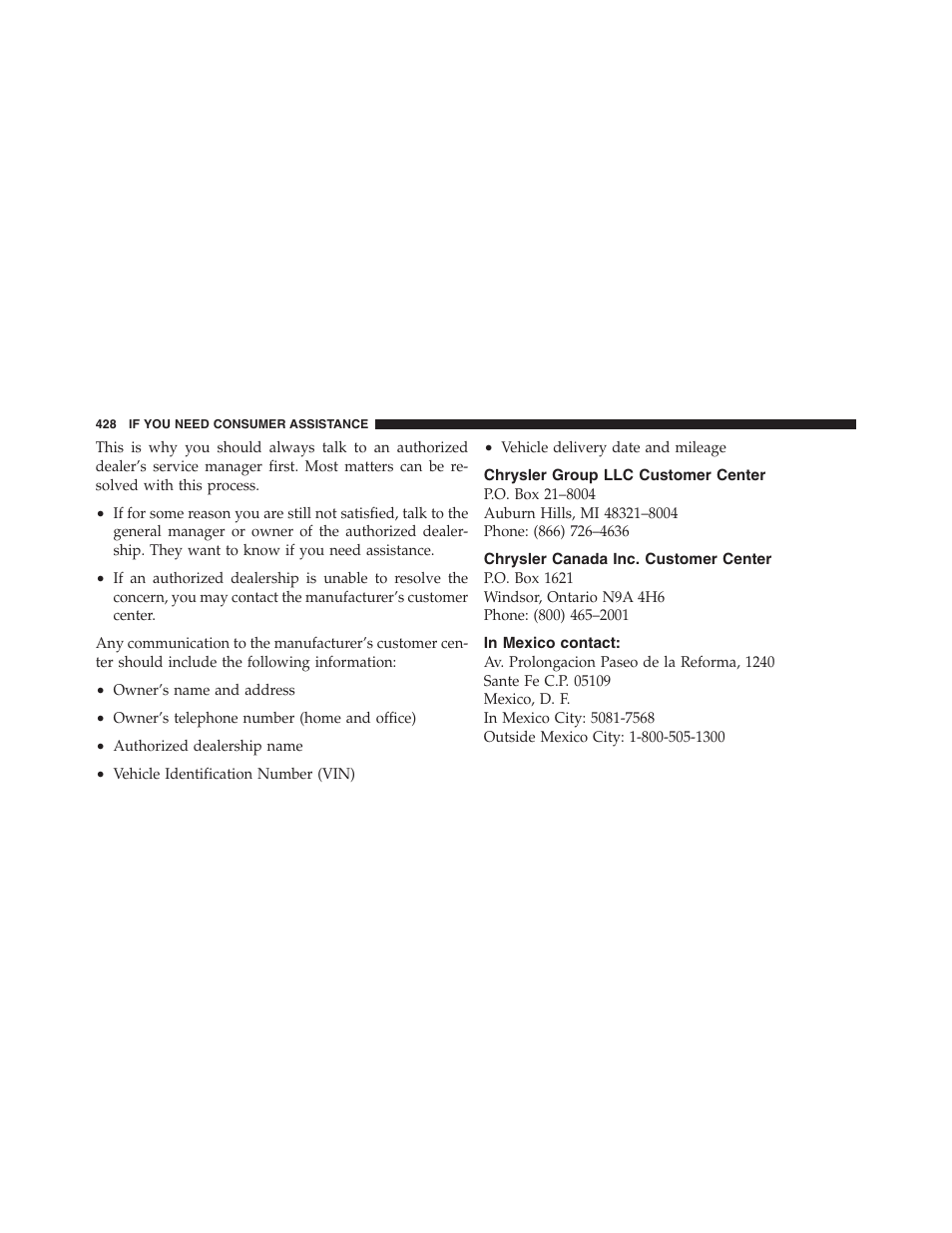 Chrysler group llc customer center, Chrysler canada inc. customer center, In mexico contact | Dodge 2011 Dakota User Manual | Page 429 / 454