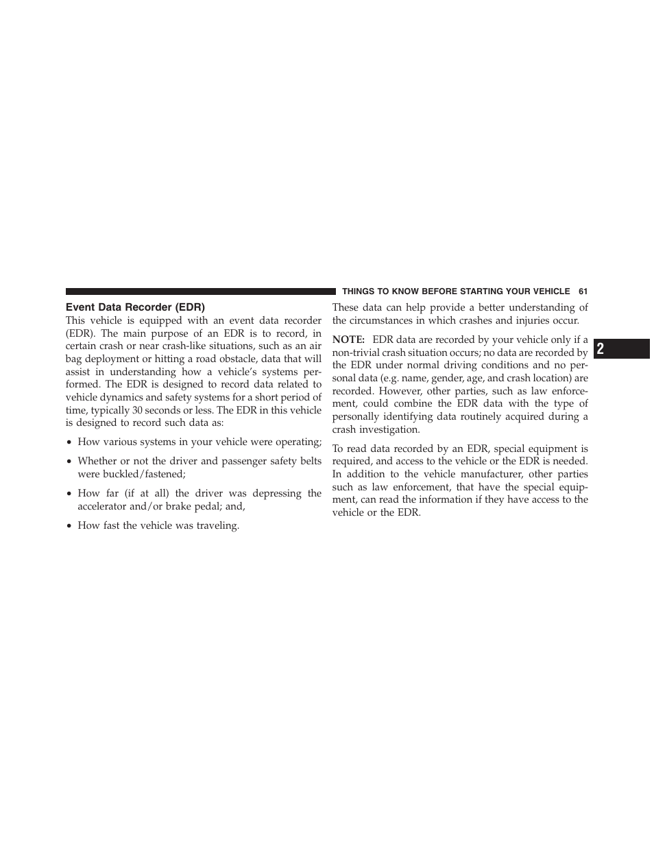 Event data recorder (edr) | Dodge 2011 Dakota User Manual | Page 62 / 454