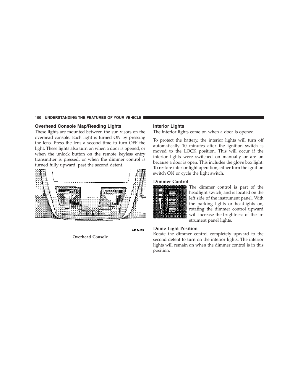 Overhead console map/reading lights, Interior lights | Dodge 2007 Magnum User Manual | Page 100 / 400