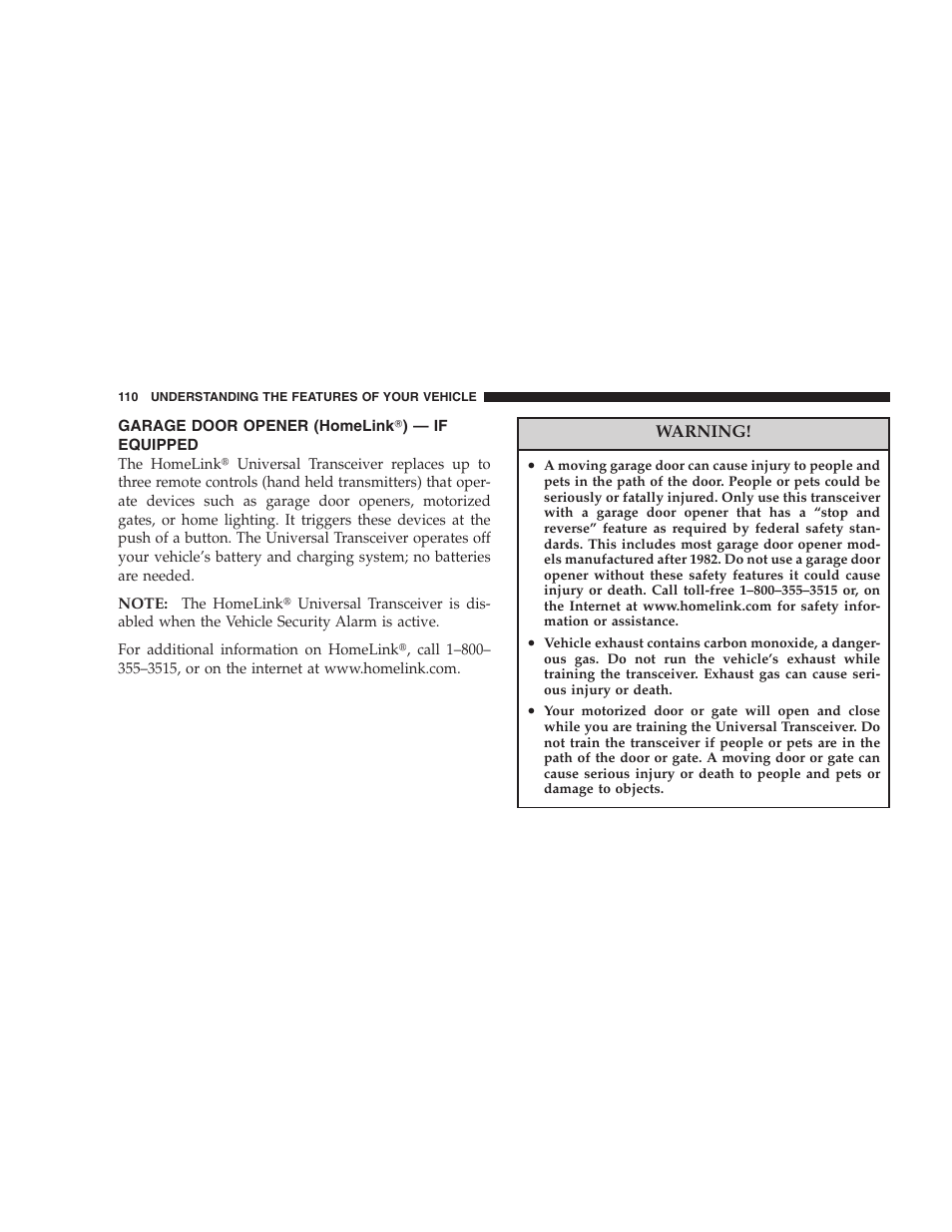 Garage door opener (homelink௡) — if, Equipped | Dodge 2007 Magnum User Manual | Page 110 / 400