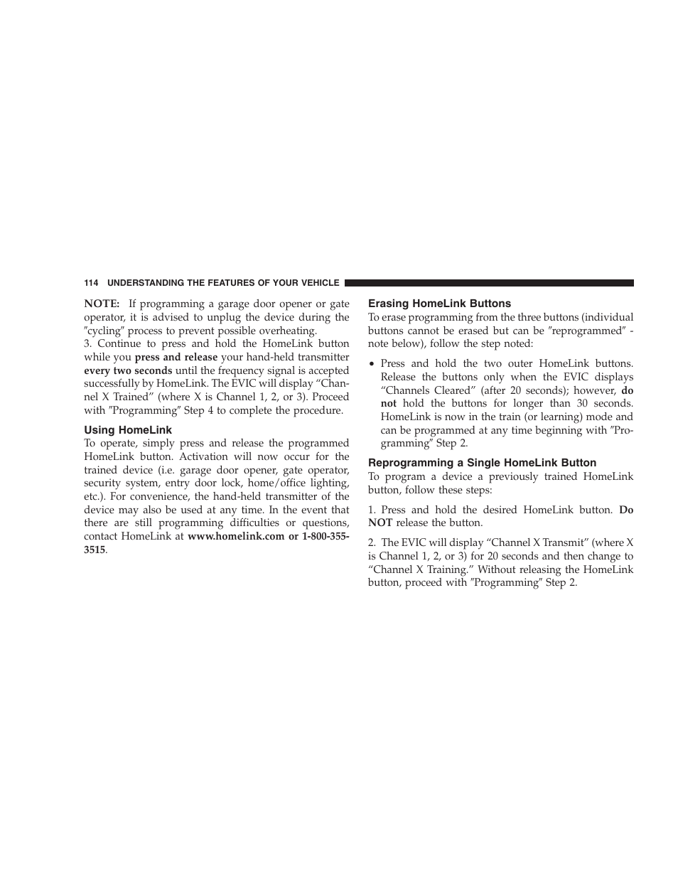 Using homelink, Erasing homelink buttons, Reprogramming a single homelink button | Dodge 2007 Magnum User Manual | Page 114 / 400