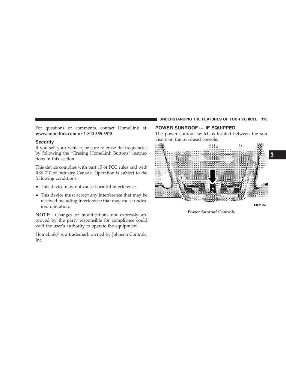 Security, Power sunroof — if equipped | Dodge 2007 Magnum User Manual | Page 115 / 400