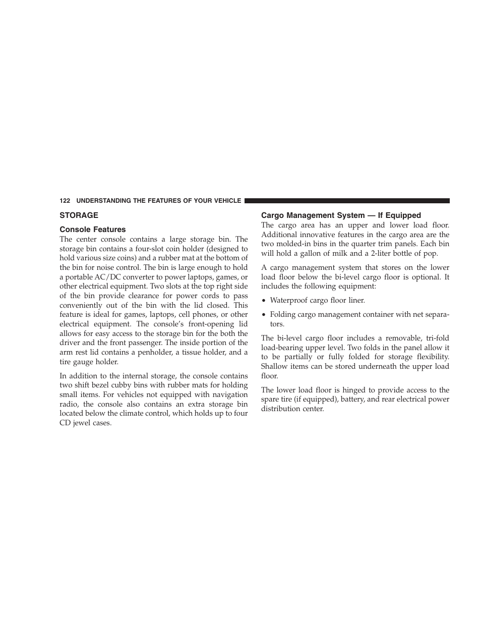 Storage, Console features, Cargo management system — if equipped | Dodge 2007 Magnum User Manual | Page 122 / 400
