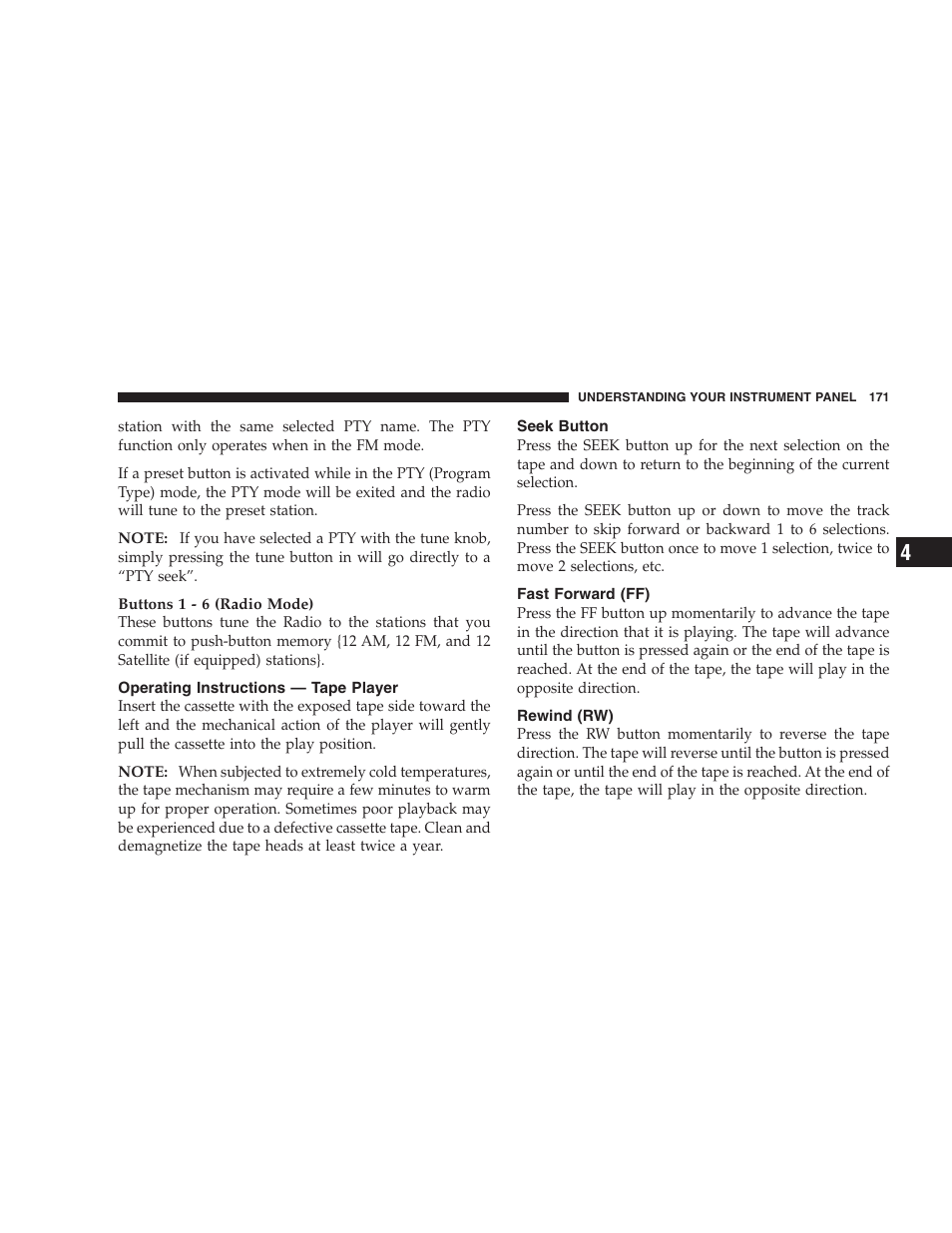 Operating instructions — tape player, Seek button, Fast forward (ff) | Rewind (rw) | Dodge 2007 Magnum User Manual | Page 171 / 400