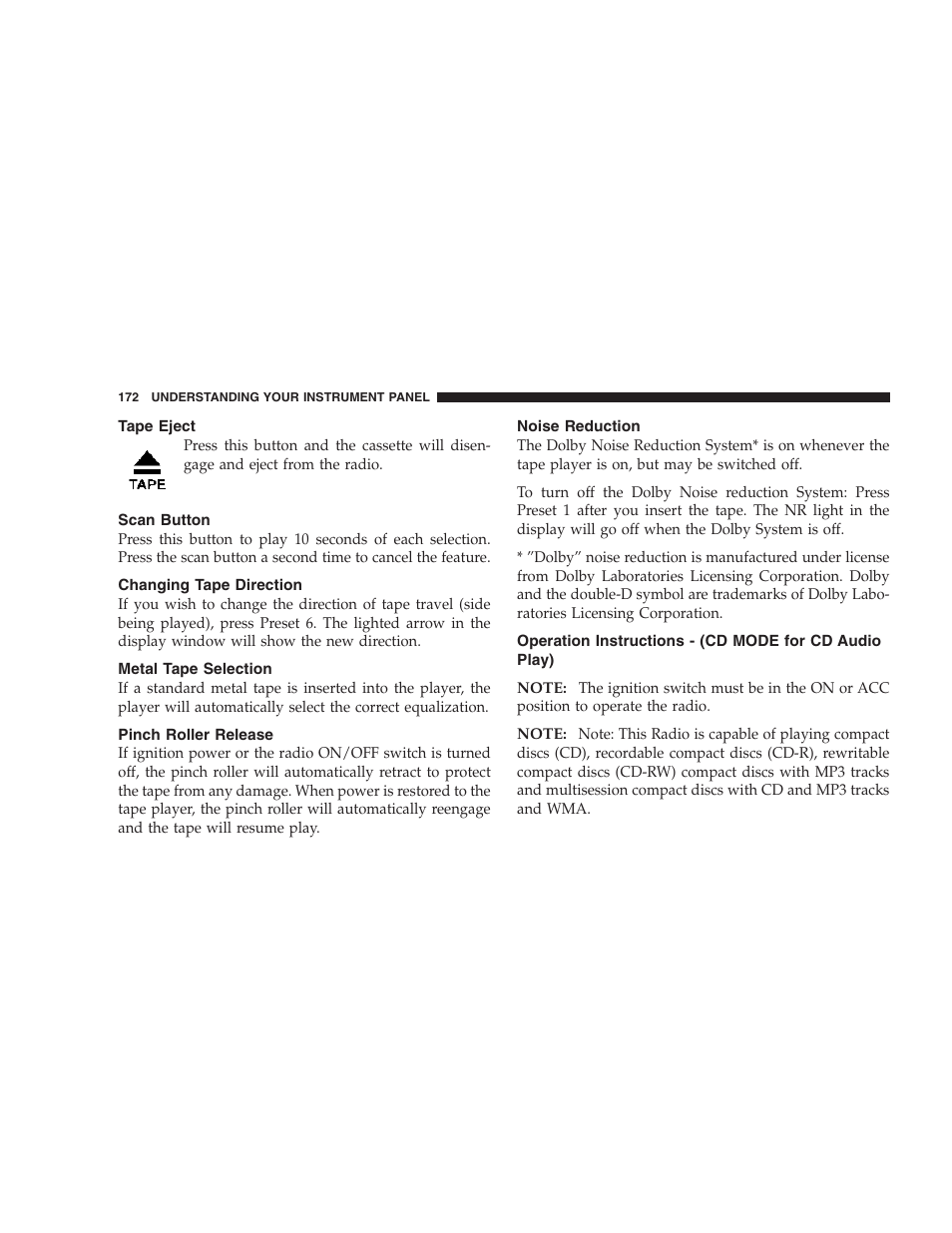 Tape eject, Scan button, Changing tape direction | Metal tape selection, Pinch roller release, Noise reduction, Operation instructions - (cd mode for cd, Audio play) | Dodge 2007 Magnum User Manual | Page 172 / 400