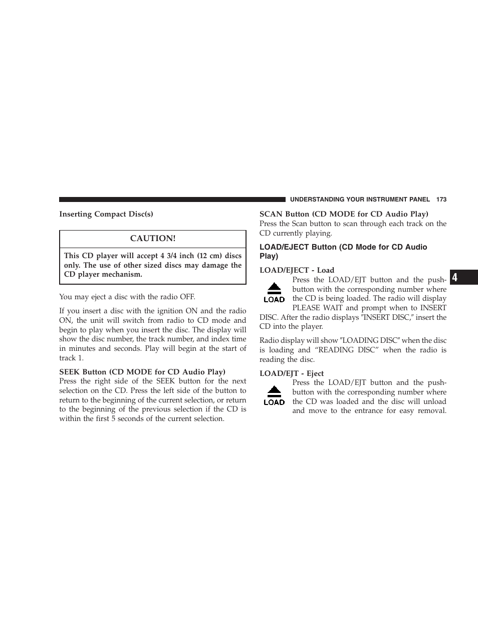 Load/eject button (cd mode for cd, Audio play) | Dodge 2007 Magnum User Manual | Page 173 / 400