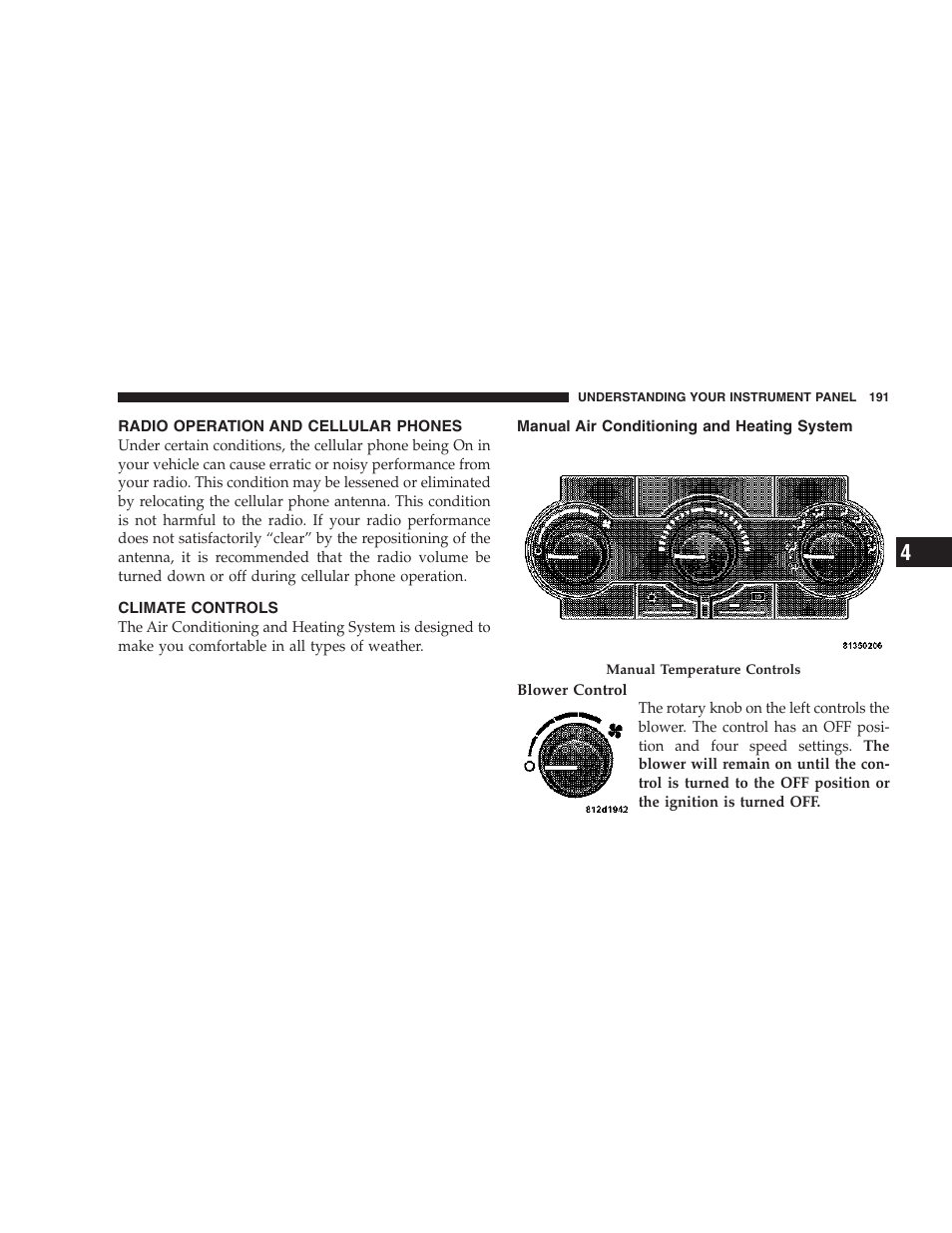 Radio operation and cellular phones, Climate controls, Manual air conditioning and heating | System | Dodge 2007 Magnum User Manual | Page 191 / 400