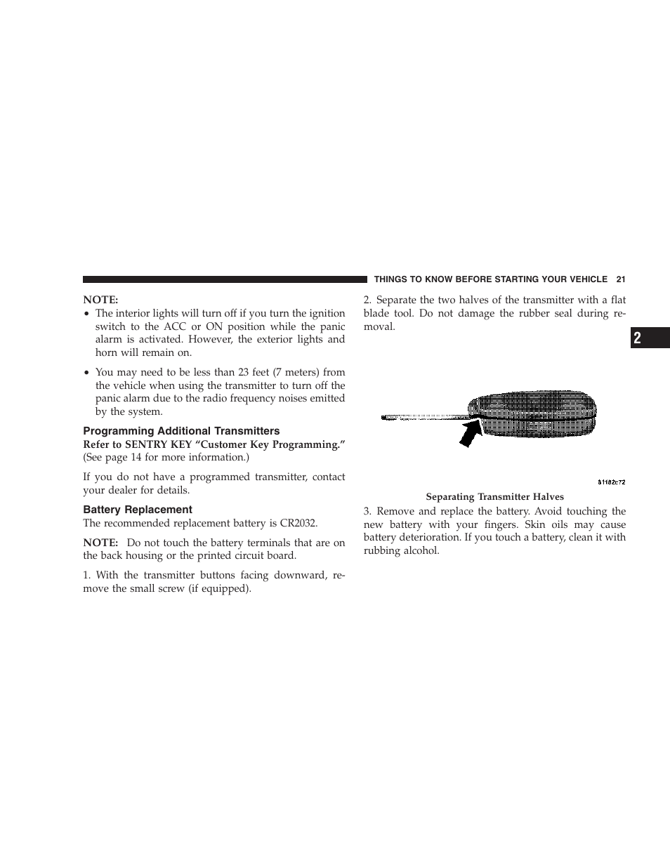 Programming additional transmitters, Battery replacement | Dodge 2007 Magnum User Manual | Page 21 / 400