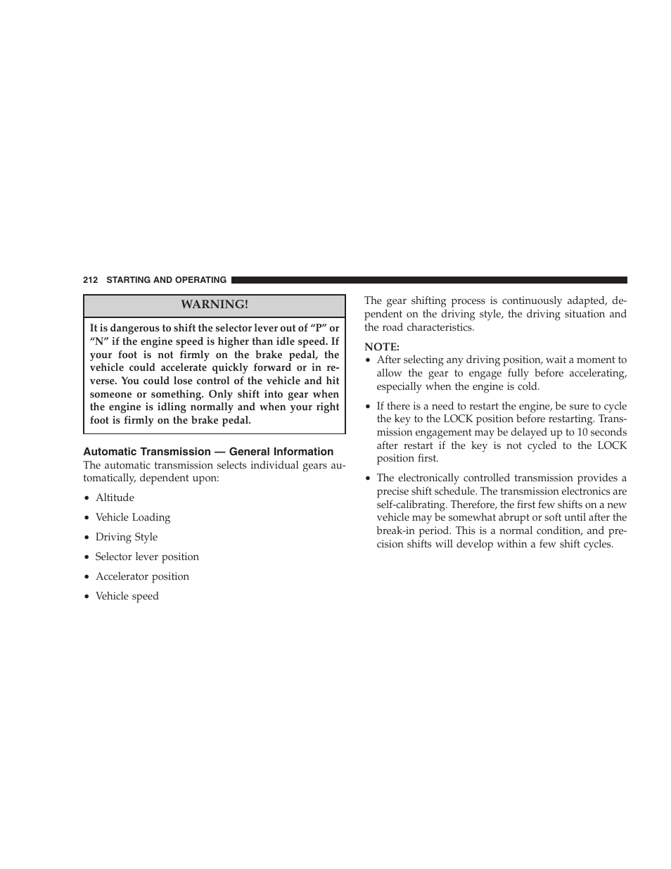 Automatic transmission — general, Information | Dodge 2007 Magnum User Manual | Page 212 / 400